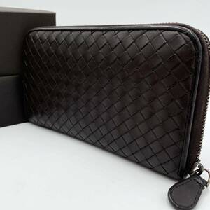 希少●極美品●BOTTEGA VENETA ボッテガヴェネタ 長財布 ラウンドファスナー イントレチャート レザー 本革 茶色 ブラウン