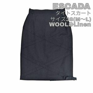 【最終値下げ】253 ESCADA エスカーダ ひざ丈タイトスカート ブラック サイズ38 Mサイズ Lサイズ 黒 リボン ウール リネン 古着