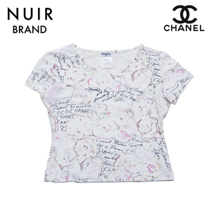 シャネル CHANEL 半袖Ｔシャツ プリント 総柄 ナイロン 丸首 チビT 1998年製 Size42 クリーム オフホワイト