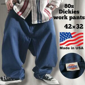 希少 USA製 80s Dickies ディッキーズ 極太 ワークパンツ ネイビー チビタグ ビンテージ メンズ W42 L32 ビッグサイズ 2802