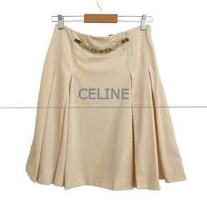 CELINE セリーヌ マカダム サイズ36 ゴールドチェーン ボックスプリーツ 膝丈 フレアスカート プリーツスカート ベージュ