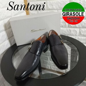 新品 未使用 正規品 希少 レア 本革 レザー Santoni サントーニ メンズ ドレスシューズ 26.5 ビジネスシューズ イタリア製 ITALY製 黒