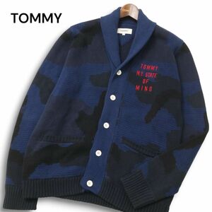 TOMMY トミー ヒルフィガー ロゴ刺繍★ 迷彩 カモフラ柄 ショールカラー コットン ニット カーディガン Sz.M　メンズ 紺　C4T09299_A#N