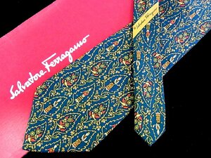 ♪今週の特売980円～♪2296♪良品【Ferragamo】フェラガモ【人 鳥 花 葉っぱ 植物 柄】ネクタイ♪