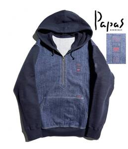 美品【L(50)】Papas パパス デニム切替 ハーフジップパーカー L(50) メンズ 刺繍ロゴワッペン【雰囲気抜群の一着】スウェット 日本製