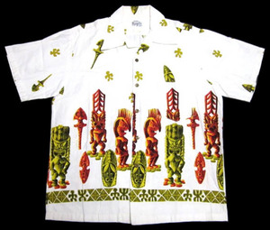 即決★[size L] Vintage ビンテージ オリジナル Evelyn Margolis HAWAII ティキ 神像 Tiki 柄 ハワイアン アロハ シャツ ロカビリー ELVIS