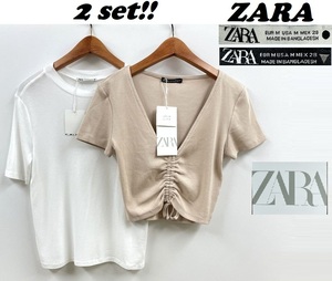 2セット 未使用品 /M/ ZARA ホワイト 半袖Tシャツ ベージュ Vネッククロップド レディース タグ カジュアル トップス 通勤 デイリー ザラ