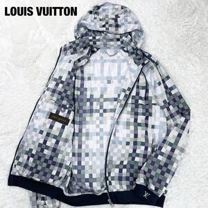 極美品!XL相当!!LOUIS VUITTON ルイヴィトン ダミエ柄 総柄 ナイロンジャケット ブルゾン ダブルジップ LVロゴ 刺繍 春夏 メンズ フード 50