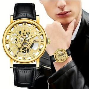 6299192636-2 クラシックローマンスケールファッションビジネスPUレザーステンレススチール時計 アクセサリー男性用 Golden+BlacK