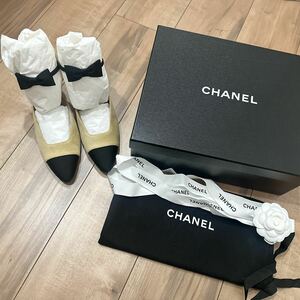 新品未使用23年購入シャネルCHANELアンクルリボン パンプス38ベージュ ココマーク ヒール 