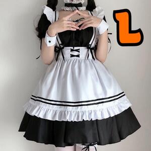 メイド服 L ロリータ ゴスロリ リボン 仮装 コスプレ　学園祭　文化祭　フリル　ワンピース　豪華　6点セット　ゴシック　萌え　可愛い