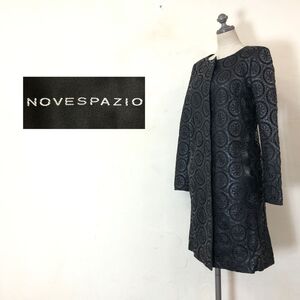 1I3184-G◆ NOVESPAZIO ノーベスパジオ レザーコート刺繍 花柄 クロシェ ノーカラー ミドル丈 ◆ size38 ブラック レーヨン ポリエステル