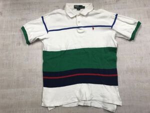 ポロ ラルフローレン Polo Ralph Lauren オールド アメカジ トラッド 古着 ボーダー 半袖ポロシャツ メンズ 香港製 ロゴ刺繍 XL 白