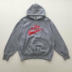 ■90s NIKE ナイキ スウェット トレーナー フードパーカー トップス 銀タグ 刺繍タグ 裏起毛 プリント グレー メンズ L /0.5kg■