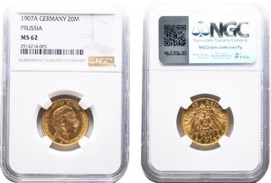 ドイツ・プロシア　20マルク金貨　1907年A　未使用品　ヴィルヘルム2世　NGC(MS62)