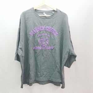 ◇ HALHAM ハルハム クルーネック 刺繍 ブルドッグ オーバーサイズ 半袖 Tシャツ サイズL グレー レディース E