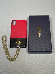 新品 未使用 PRADA iPhone X XS スマホ ケース iPhoneケース プラダ ロゴ 36 サフィアーノ ブラック 黒 RED 赤 チェーン ストラップ 本革