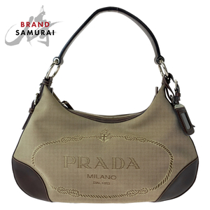 美品 PRADA プラダ ロゴジャガード ベージュ ブラウン 茶 シルバー金具 レザー/キャンバス BR3423 ワンショルダーバッグ 407010