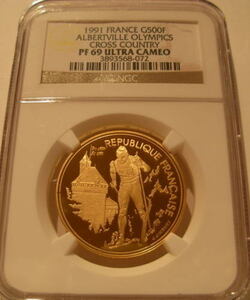 フランス1991金貨 500フランNGC PF69UCアルベールビルオリンピック - クロスカントリー 硬貨