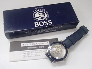 ＃65168【保管品】SUNTORY BOSS COFFEE クォーツ quartz ネイビー シルバー ボス エッチングウォッチ サントリー テスター反応あり