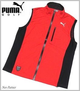 即決 極美品 PUMA GOLF プーマゴルフ 軽量 防風 ロゴプリント フルジップ ウインドベスト レッドｘブラック M メンズ