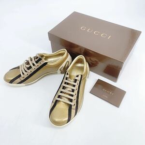 未使用品 GUCCI グッチ ゴールドスニーカー 靴 パテント素材 ローカット かかとブランドロゴ 168038 箱付き レディース