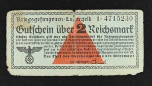 【ナチス鉤十字】第二次世界大戦ドイツ捕虜収容所紙幣 2ライヒスペニヒ（1939-44）[A393]