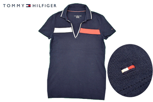 Y-8143★送料無料★美品★TOMMY HILFIGER トミーヒルフィガー★ネイビー ストレッチ素材 スキッパー襟 鹿の子 半袖 ポロシャツ XS