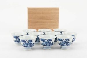 【氷】初だし 三浦竹泉作 染付 青花 煎茶碗 10客 桐箱 煎茶道具 AB002