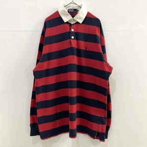 ☆Polo by Ralph Lauren ラルフローレン 90s Vintage 長袖ラガーシャツ ポロシャツ レッド×ネイビー sizeM【レターパックプラス郵送可】I