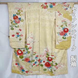 【Wellriver】セミアンティーク 振袖 寿光織 絞り 金彩加工 金駒刺繍 菊 梅 花柄 正絹 フォーマル 和装 和服 #C498.