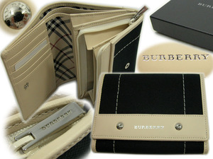 ★新品未使用★BURBERRY★バーバリー★二つ折財布裏チェック付・キャンパス・牛革日本製箱無し