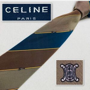 CELINE セリーヌ　ネクタイ　レジメンタルストライプ　金具　紐　シルク100% スペイン製　ブルー×ブラウン×ベージュ　ビジネス