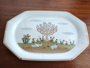 美品　ノリタケ　Noritake　飾りプレート　日本製　羊　オクトゴナル　八角形　レトロ　食器　八角皿　飾皿　ヴィンテージ　ひつじ　花柄