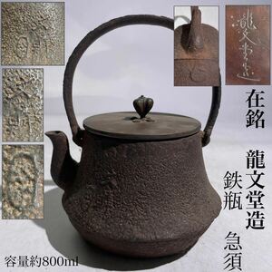 時代　在銘　龍文堂造　　鉄瓶　急須　容量約800ml　/　時代物　龍文堂　湯沸し　煎茶道具　煎茶飾　.2498