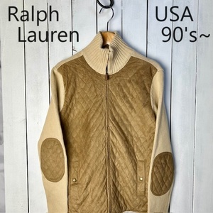 USA古着 90s～00s Ralph Lauren キルティングピーチスキン切替え ジップニットセーター S~M ラルフローレン オールド アメリカ古着 ●251