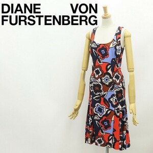 ◆DIANE von FURSTENBERG ダイアンフォンファステンバーグ UMA シルクジャージー 総柄 タック フレア ノースリーブ ワンピース 2