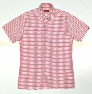 中古「PRINGLE OF SCOTLAND」ブランドロゴ総柄 半袖 コットンシャツ Red SIZE:38/S相当 ポルトガル製