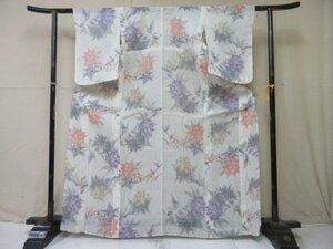 1円 良品 化繊 麻 交織 着物 小紋 夏物 和装 和服 縮み アンティーク 白 草花 花柄 高級 単衣 身丈157cm 裄59cm【夢職】★★★