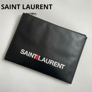 【極美品】SAINT LAURENT サンローラン メンズ クラッチバッグ セカンドバッグ レザー ロゴプリント 黒 シルバー金具 397294