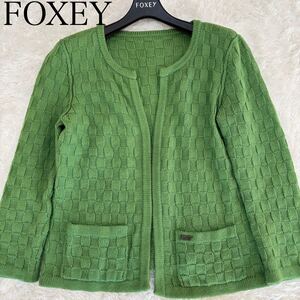 FOXEY NEW YORK チェスカーディガン　エンジェルヘアコットン　38 ニットジャケット　フォクシーニューヨーク　ロゴプレート　長袖