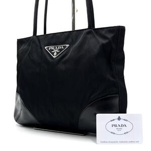 1円 PRADA プラダ トートバッグ ハンドバッグ 三角プレート 肩掛け ナイロン レザー ブラック レディース 