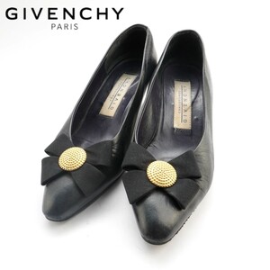 GIVENCHY ジバンシィ 34 1/2 21.0 パンプス ヒール ポインテッドトゥ リボン ゴールド金具 レザー 黒 ブラック/GC206