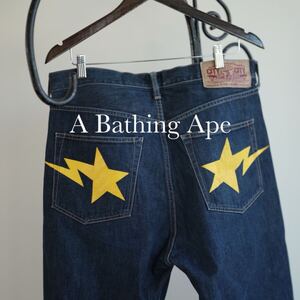 A BATHING APE bale sta デニム パンツ アベイシングエイプ ベイプスタ スター プリント L ジーパンジーンズ 黄色