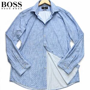 極美品/XLサイズ◎現行タグ ヒューゴボス 長袖シャツ HUGO BOSS パフォーマンス ドット柄 総柄 ストレッチ ライトブルー 柔らか メンズ