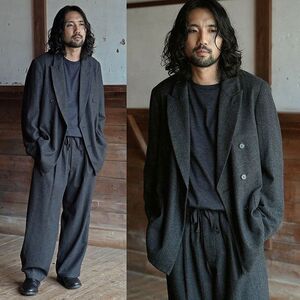 セット定価23,100円 shiun シウン HERRINGBONE W.B JACKET / EASY TROUSERS CHARCOAL XS ヘリンボーン ジャケット パンツ セットアップ