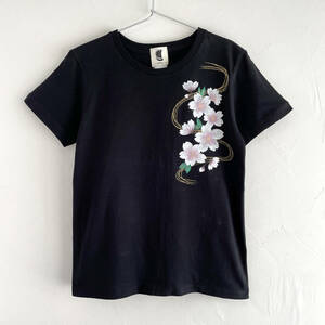 レディース 波桜柄Tシャツ Sサイズ 手描きTシャツブラック 夜桜 和柄 ハンドメイド
