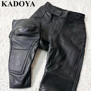 美品 希少 L KADOYA カドヤ レザーパンツ ライディングパンツ プロテクター バイクウェア 牛革 リアルレザー カウレザー ブラック メンズ