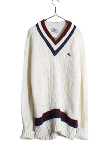 70s 80s ラコステ アクリル チルデン ニット セーター メンズ XL ヴィンテージ IZOD LACOSTE ケーブル Vネック ワンポイント 大きいサイズ