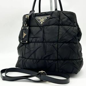 ●高級●PRADA プラダ 2way ボンバー ハンドバッグ トートバッグ ショルダーバッグ 鞄 かばん キルティング 三角ロゴ 斜め掛け 黒 ブラック